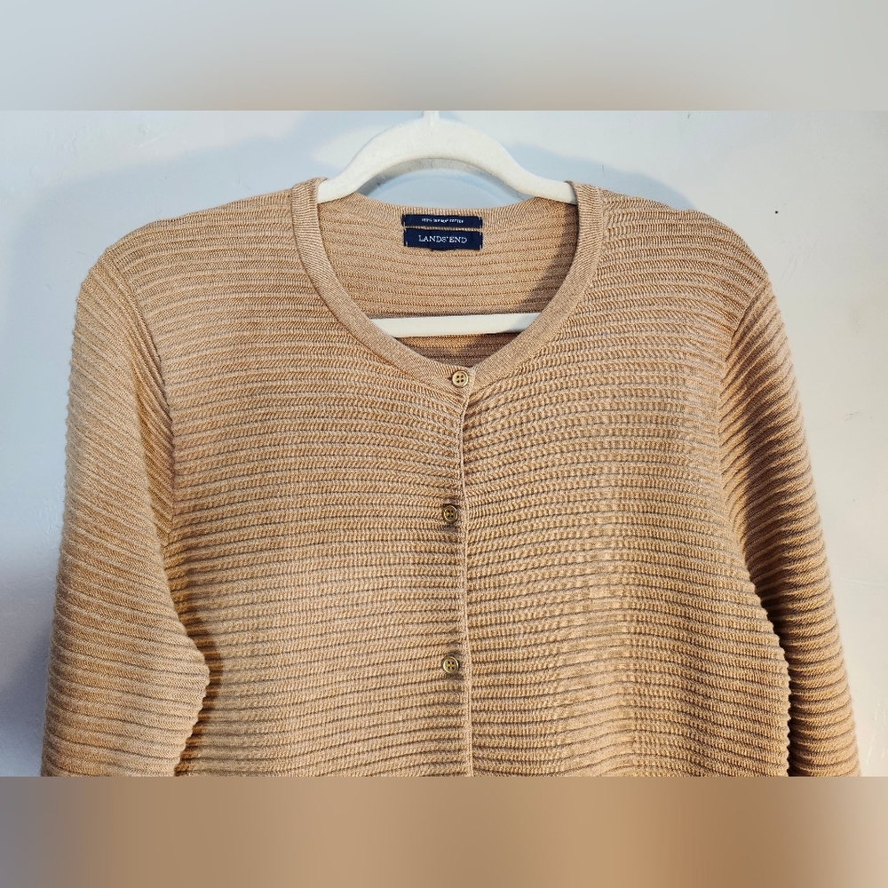 Lands' End Beige Cardigan Ribbed Sweater Botton Sz L - Picture 4 of 7